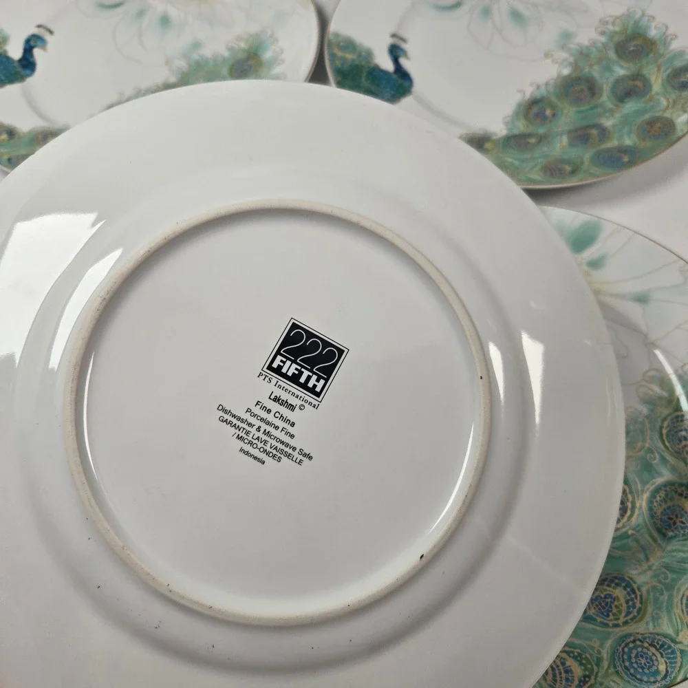 222 Fifth Lakshmi Dinner Plates Set of 6 White Teal Gold Peacock Fine China 11in
